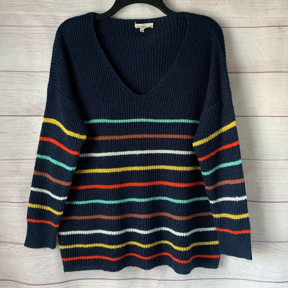 Entro Navy and Multicolor Striped Knit Sweater V-Neck Long Sleeve Size Medium